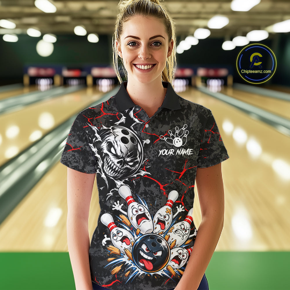 Angry Bowling Ball Skull Polo Shirt For Women Custom Red Black Team Tournament Jersey NHT1771