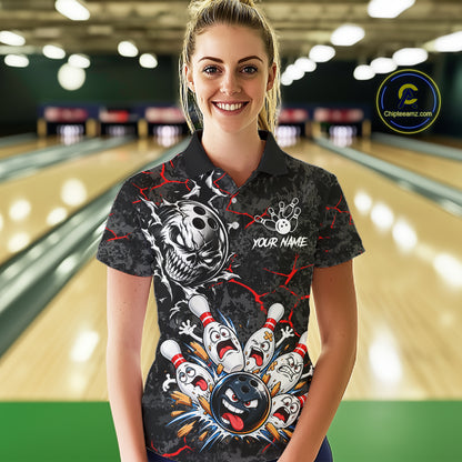 Angry Bowling Ball Skull Polo Shirt For Women Custom Red Black Team Tournament Jersey NHT1771