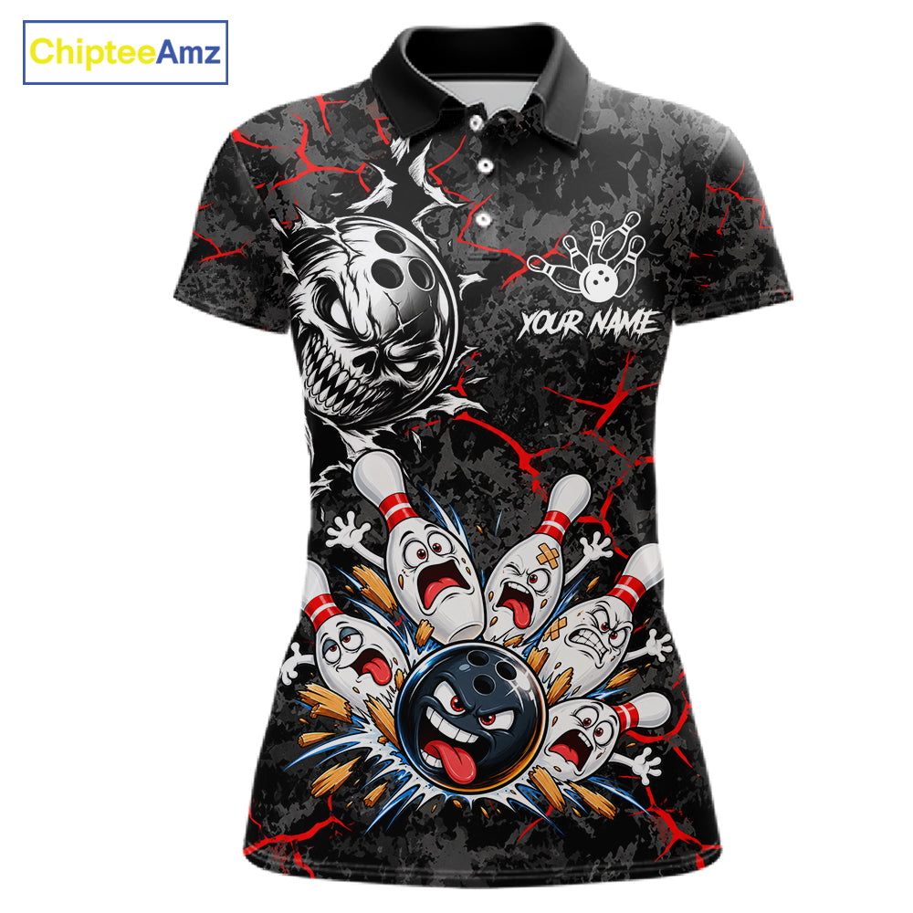 Angry Bowling Ball Skull Polo Shirt For Women Custom Red Black Team Tournament Jersey NHT1771