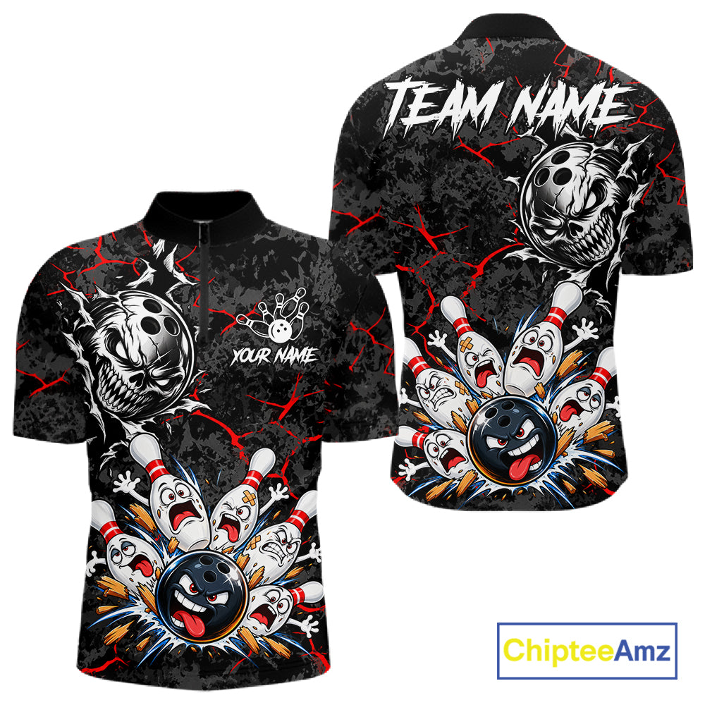Angry Bowling Ball Skull Polo Shirt For Men Custom Red Black Team Tournament Jersey NHT1771