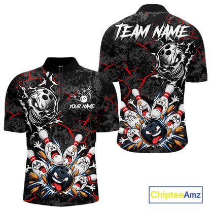 Angry Bowling Ball Skull Polo Shirt For Men Custom Red Black Team Tournament Jersey NHT1771