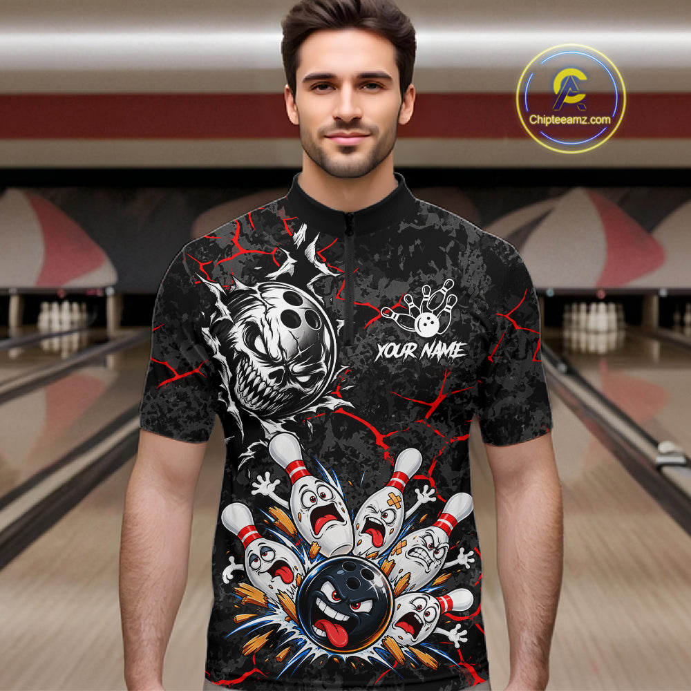 Angry Bowling Ball Skull Polo Shirt For Men Custom Red Black Team Tournament Jersey NHT1771