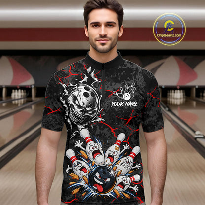 Angry Bowling Ball Skull Polo Shirt For Men Custom Red Black Team Tournament Jersey NHT1771
