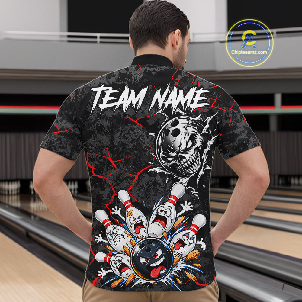 Angry Bowling Ball Skull Polo Shirt For Men Custom Red Black Team Tournament Jersey NHT1771