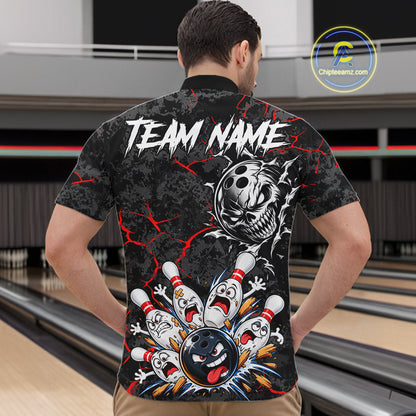 Angry Bowling Ball Skull Polo Shirt For Men Custom Red Black Team Tournament Jersey NHT1771