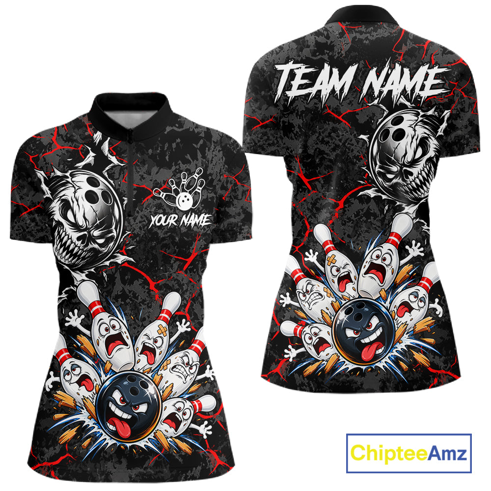 Angry Bowling Ball Skull Polo Shirt For Women Custom Red Black Team Tournament Jersey NHT1771