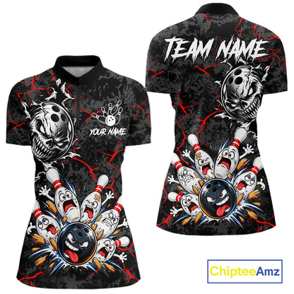 Angry Bowling Ball Skull Polo Shirt For Women Custom Red Black Team Tournament Jersey NHT1771