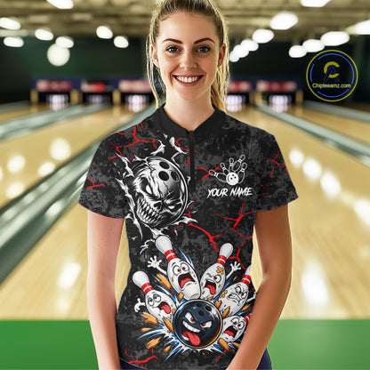 Angry Bowling Ball Skull Polo Shirt For Women Custom Red Black Team Tournament Jersey NHT1771