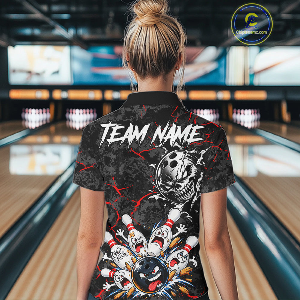 Angry Bowling Ball Skull Polo Shirt For Women Custom Red Black Team Tournament Jersey NHT1771
