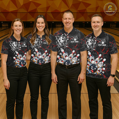 Angry Bowling Ball Skull Polo Shirt For Men Custom Red Black Team Tournament Jersey NHT1771