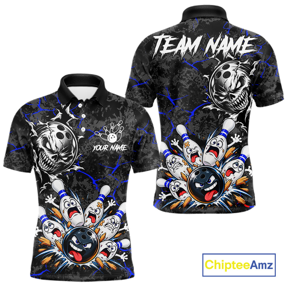 Angry Bowling Ball Skull Polo Shirt For Men Custom Blue Black Team Tournament Jersey NHT1772