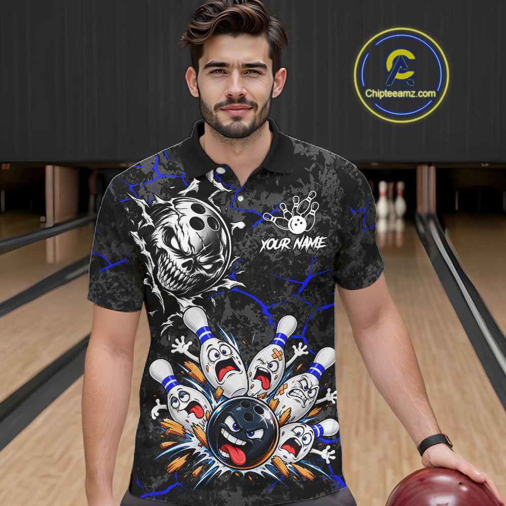 Angry Bowling Ball Skull Polo Shirt For Men Custom Blue Black Team Tournament Jersey NHT1772