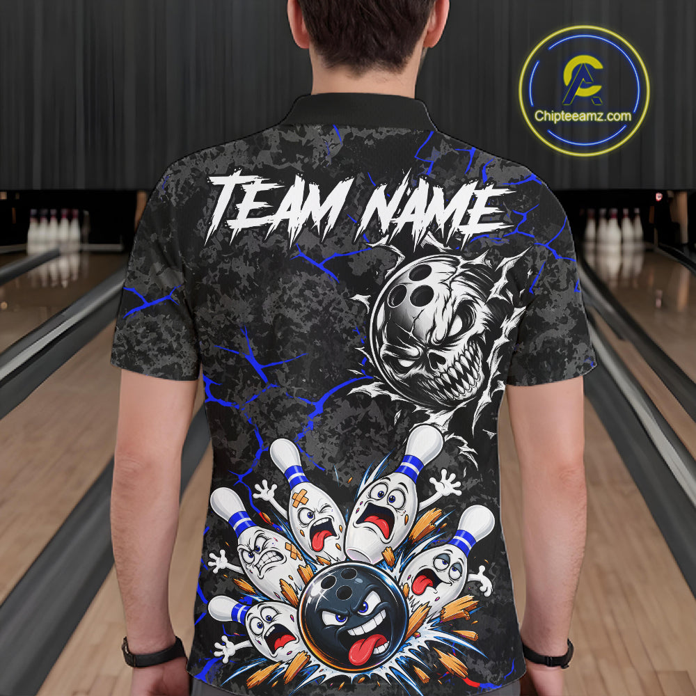 Angry Bowling Ball Skull Polo Shirt For Men Custom Blue Black Team Tournament Jersey NHT1772