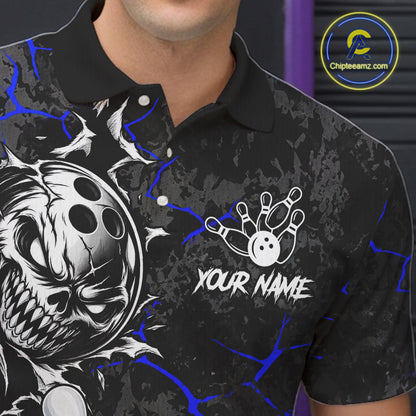 Angry Bowling Ball Skull Polo Shirt For Men Custom Blue Black Team Tournament Jersey NHT1772