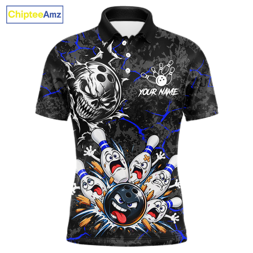 Angry Bowling Ball Skull Polo Shirt For Men Custom Blue Black Team Tournament Jersey NHT1772