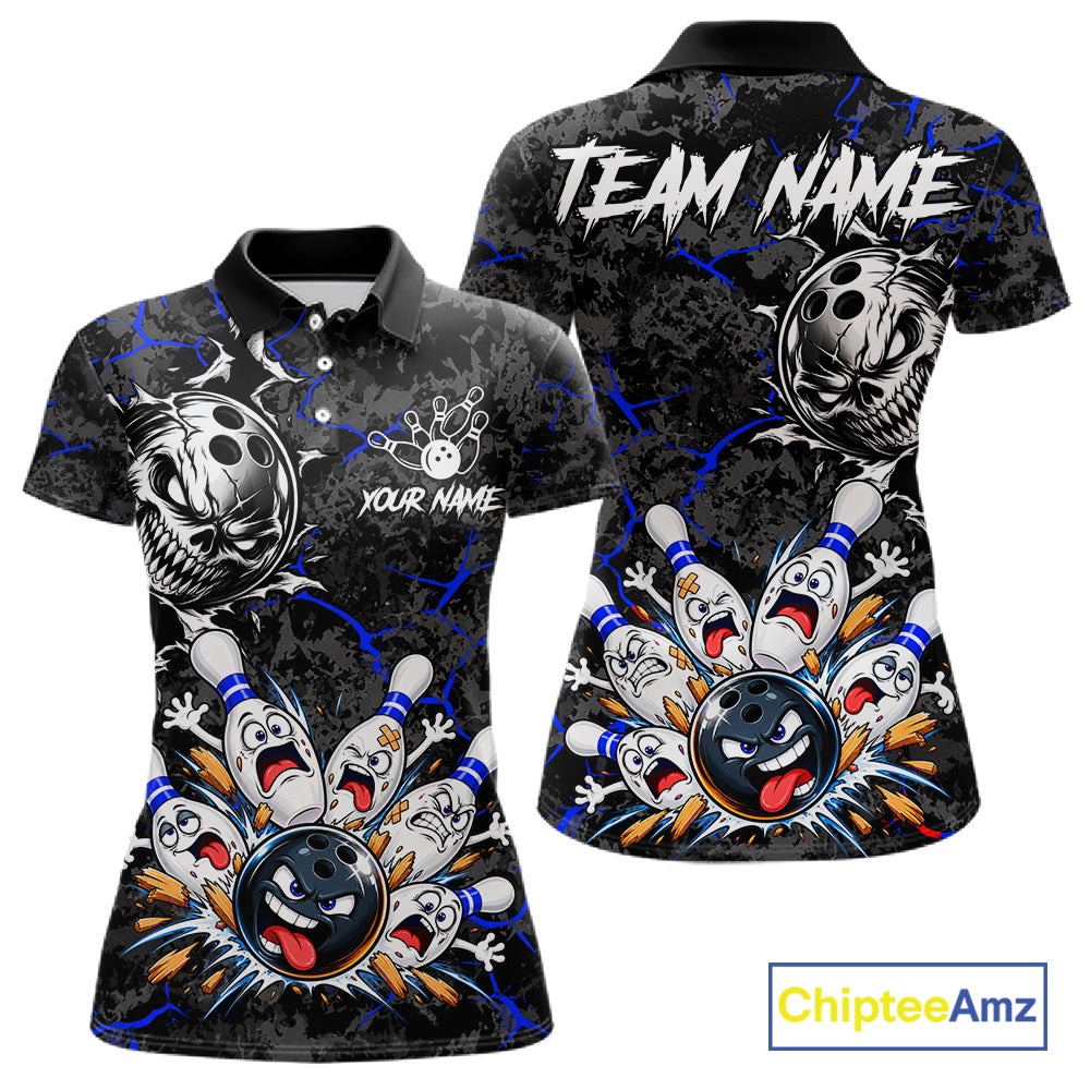 Angry Bowling Ball Skull Polo Shirt For Women Custom Blue Black Team Tournament Jersey NHT1772