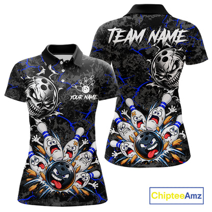 Angry Bowling Ball Skull Polo Shirt For Women Custom Blue Black Team Tournament Jersey NHT1772