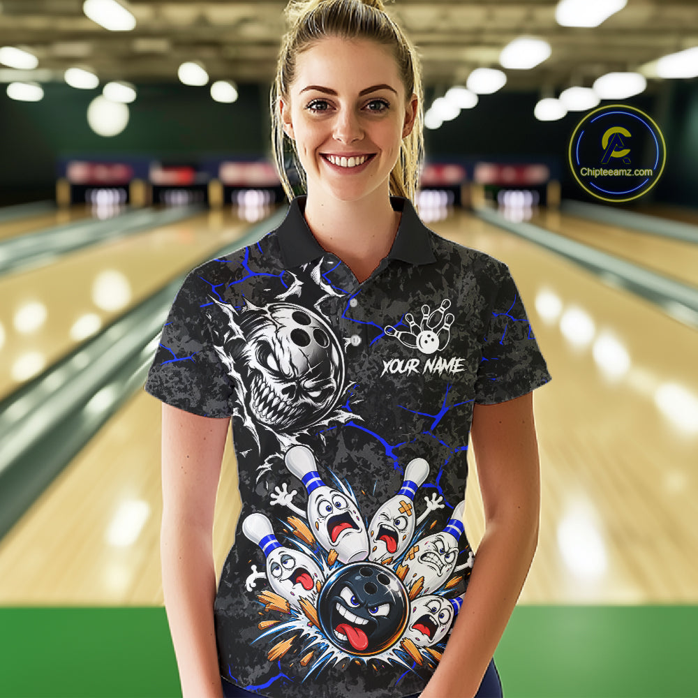 Angry Bowling Ball Skull Polo Shirt For Women Custom Blue Black Team Tournament Jersey NHT1772