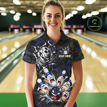 Angry Bowling Ball Skull Polo Shirt For Women Custom Blue Black Team Tournament Jersey NHT1772