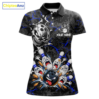Angry Bowling Ball Skull Polo Shirt For Women Custom Blue Black Team Tournament Jersey NHT1772