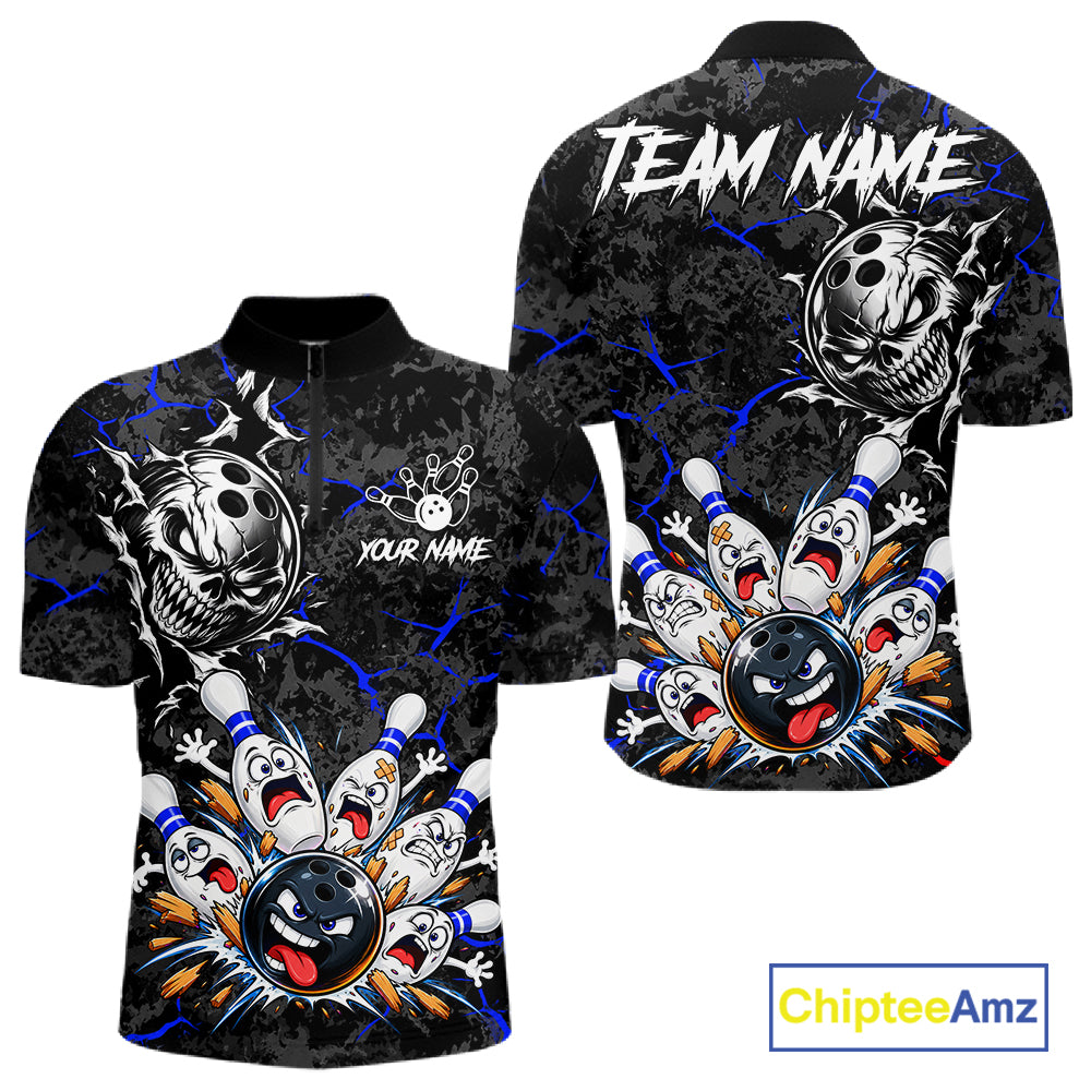 Angry Bowling Ball Skull Polo Shirt For Men Custom Blue Black Team Tournament Jersey NHT1772
