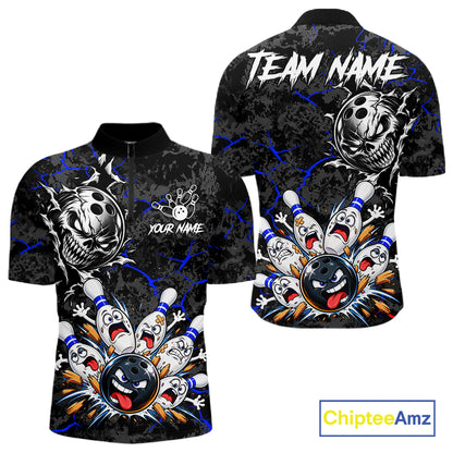 Angry Bowling Ball Skull Polo Shirt For Men Custom Blue Black Team Tournament Jersey NHT1772