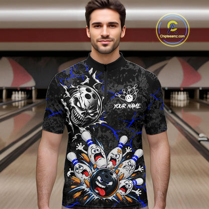 Angry Bowling Ball Skull Polo Shirt For Men Custom Blue Black Team Tournament Jersey NHT1772