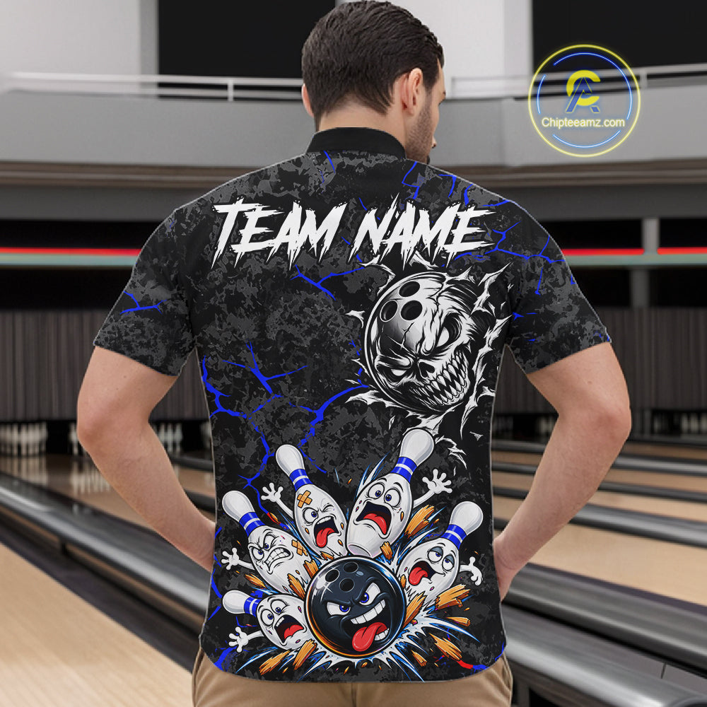 Angry Bowling Ball Skull Polo Shirt For Men Custom Blue Black Team Tournament Jersey NHT1772