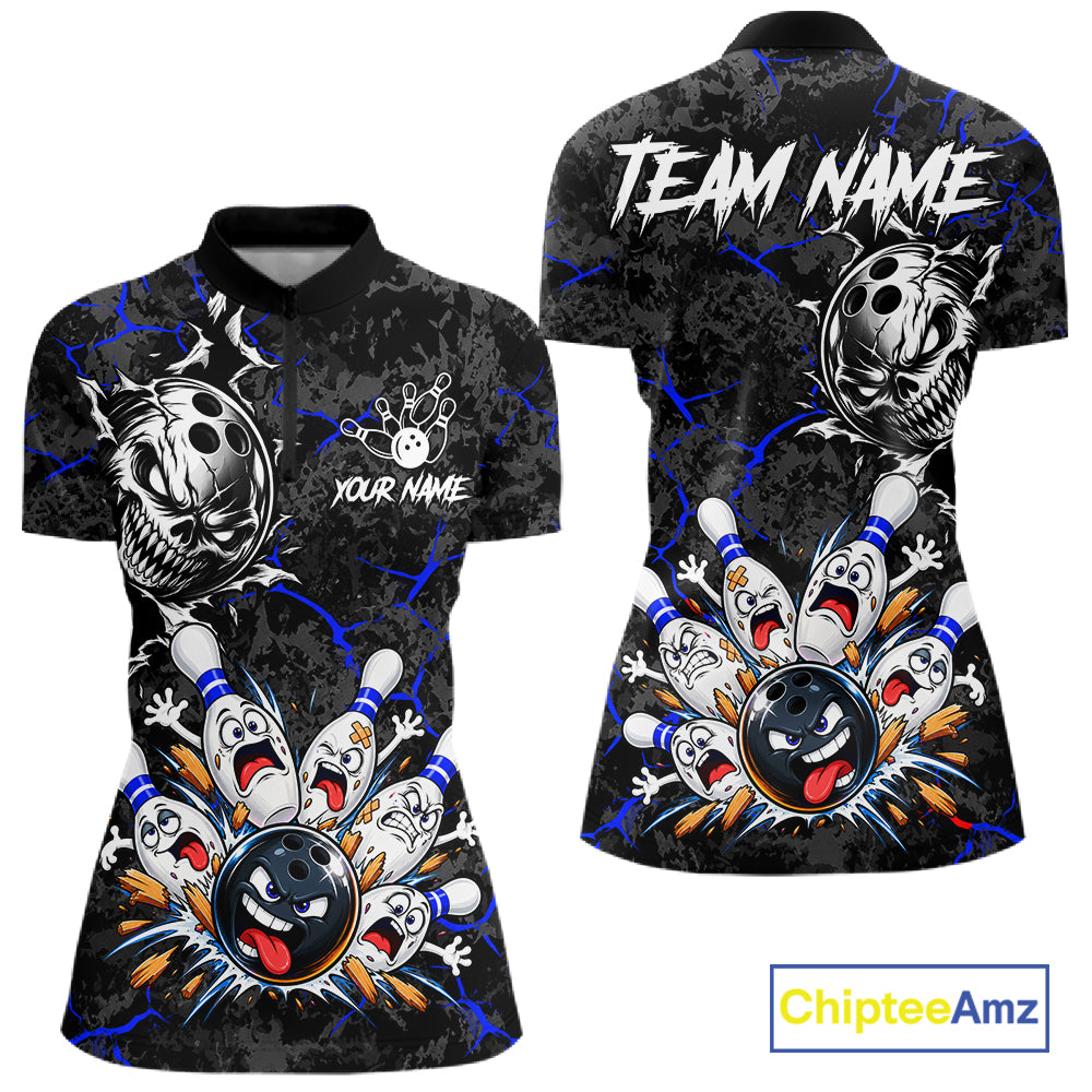 Angry Bowling Ball Skull Polo Shirt For Women Custom Blue Black Team Tournament Jersey NHT1772