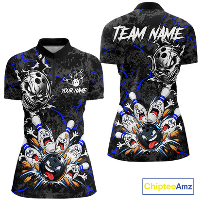 Angry Bowling Ball Skull Polo Shirt For Women Custom Blue Black Team Tournament Jersey NHT1772