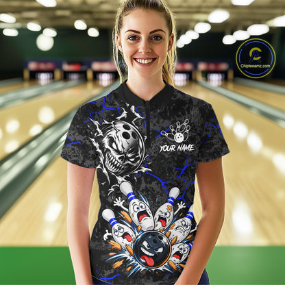 Angry Bowling Ball Skull Polo Shirt For Women Custom Blue Black Team Tournament Jersey NHT1772