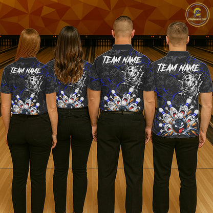 Angry Bowling Ball Skull Polo Shirt For Women Custom Blue Black Team Tournament Jersey NHT1772
