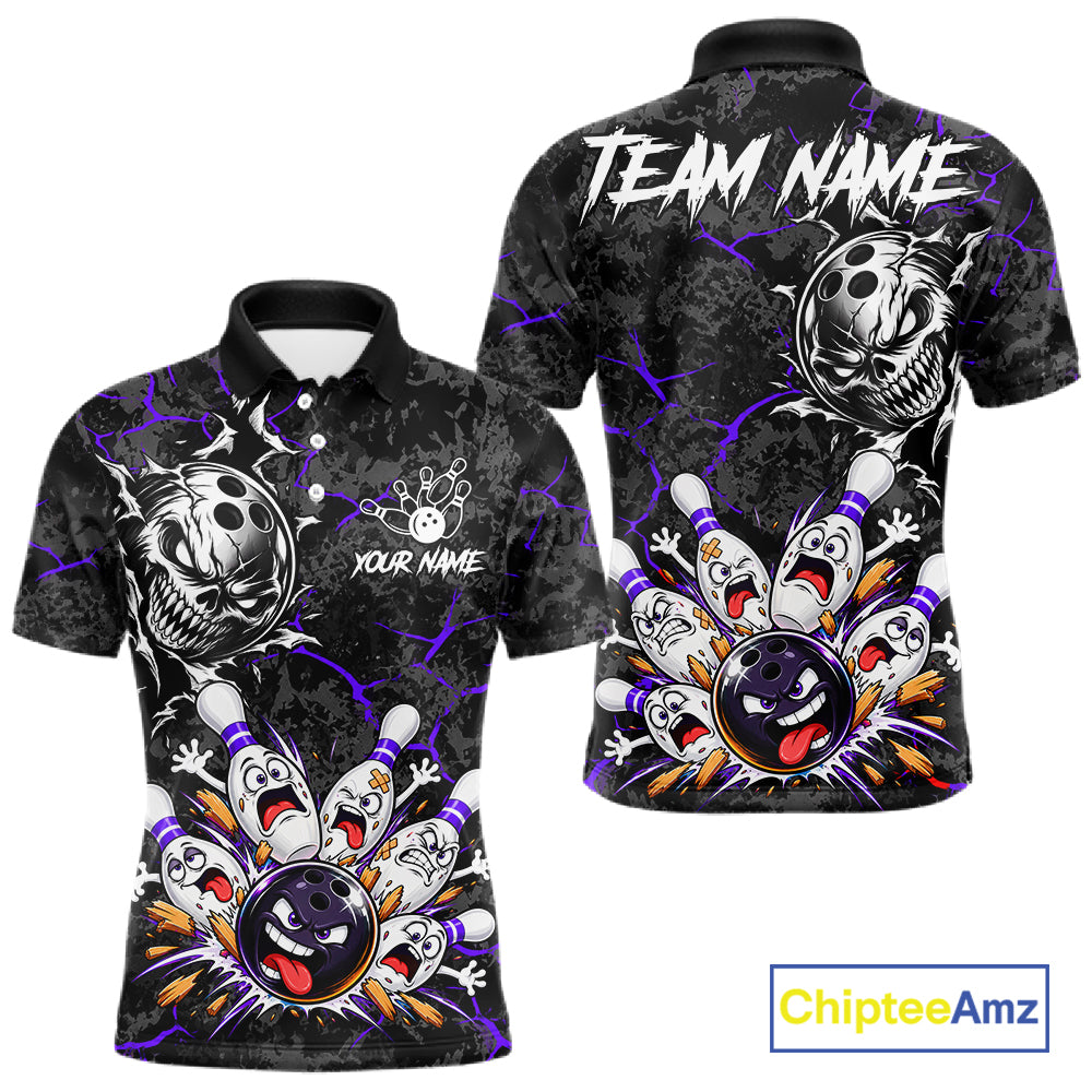 Angry Bowling Ball Skull Polo Shirt For Men Custom Purple Black Team Tournament Jersey NHT1773