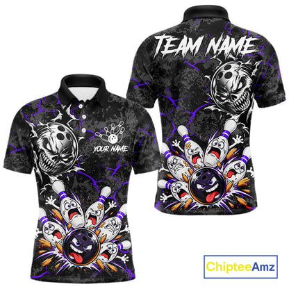 Angry Bowling Ball Skull Polo Shirt For Men Custom Purple Black Team Tournament Jersey NHT1773