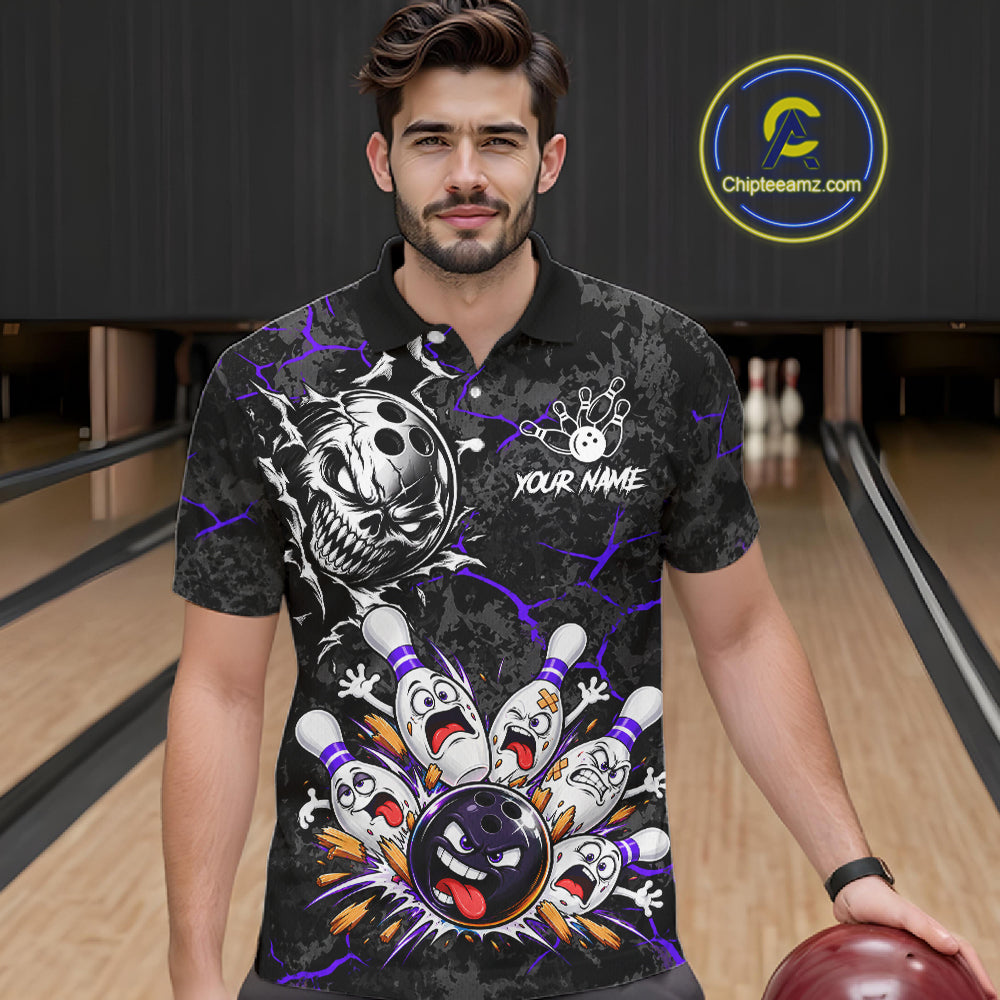 Angry Bowling Ball Skull Polo Shirt For Men Custom Purple Black Team Tournament Jersey NHT1773