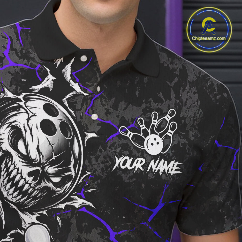 Angry Bowling Ball Skull Polo Shirt For Men Custom Purple Black Team Tournament Jersey NHT1773