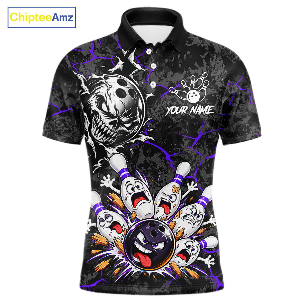 Angry Bowling Ball Skull Polo Shirt For Men Custom Purple Black Team Tournament Jersey NHT1773