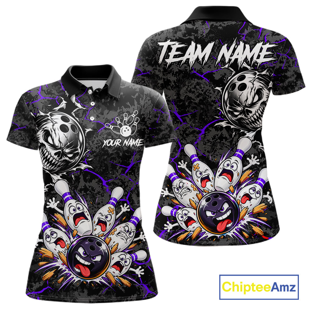 Angry Bowling Ball Skull Polo Shirt For Women Custom Purple Black Team Tournament Jersey NHT1773
