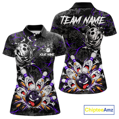 Angry Bowling Ball Skull Polo Shirt For Women Custom Purple Black Team Tournament Jersey NHT1773
