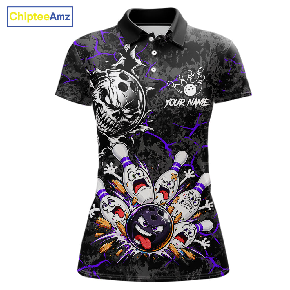 Angry Bowling Ball Skull Polo Shirt For Women Custom Purple Black Team Tournament Jersey NHT1773