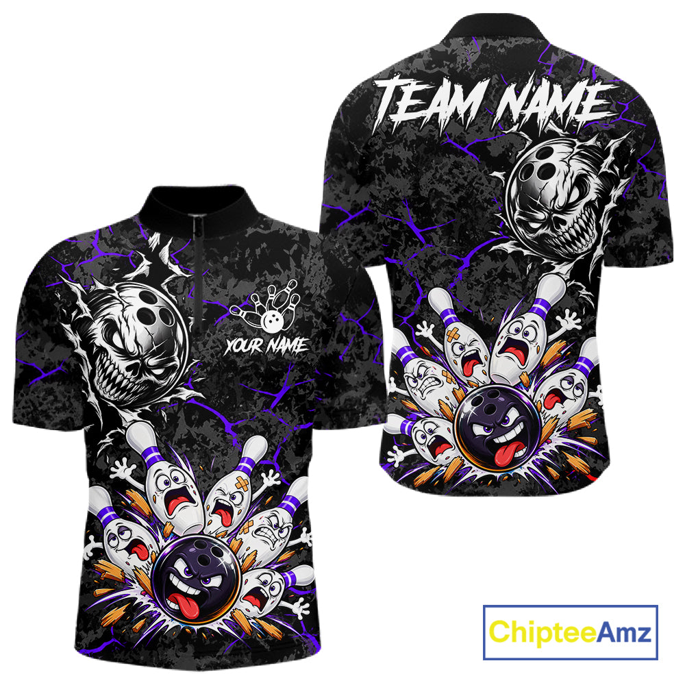 Angry Bowling Ball Skull Polo Shirt For Men Custom Purple Black Team Tournament Jersey NHT1773