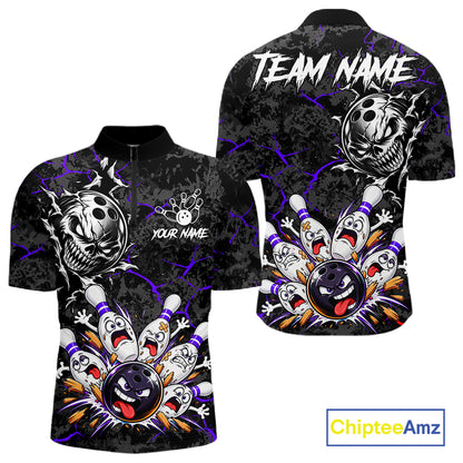 Angry Bowling Ball Skull Polo Shirt For Men Custom Purple Black Team Tournament Jersey NHT1773