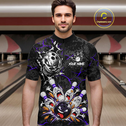 Angry Bowling Ball Skull Polo Shirt For Men Custom Purple Black Team Tournament Jersey NHT1773