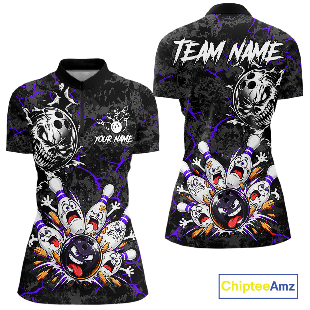 Angry Bowling Ball Skull Polo Shirt For Women Custom Purple Black Team Tournament Jersey NHT1773