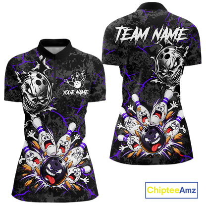 Angry Bowling Ball Skull Polo Shirt For Women Custom Purple Black Team Tournament Jersey NHT1773