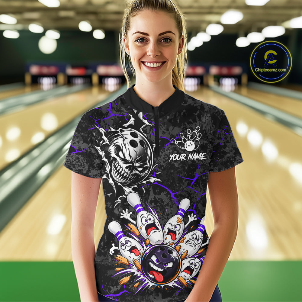 Angry Bowling Ball Skull Polo Shirt For Women Custom Purple Black Team Tournament Jersey NHT1773