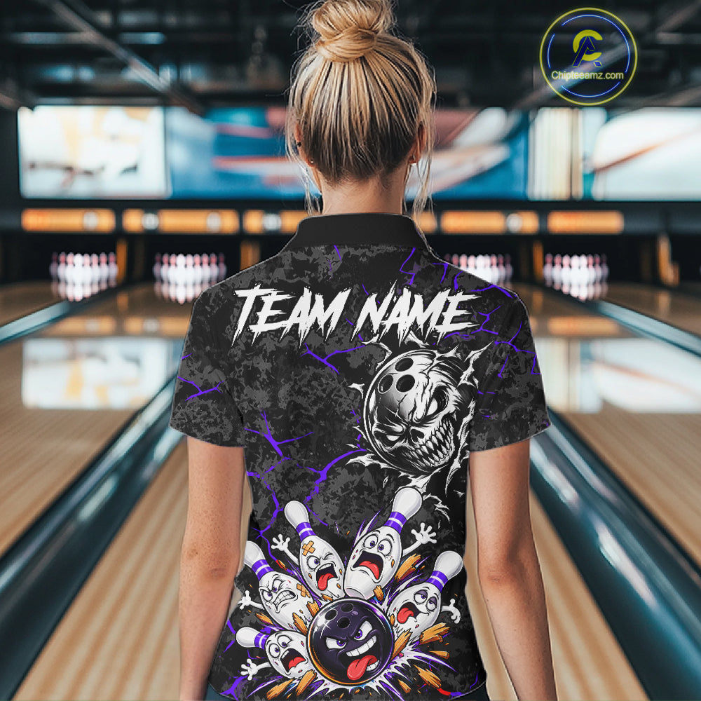 Angry Bowling Ball Skull Polo Shirt For Women Custom Purple Black Team Tournament Jersey NHT1773
