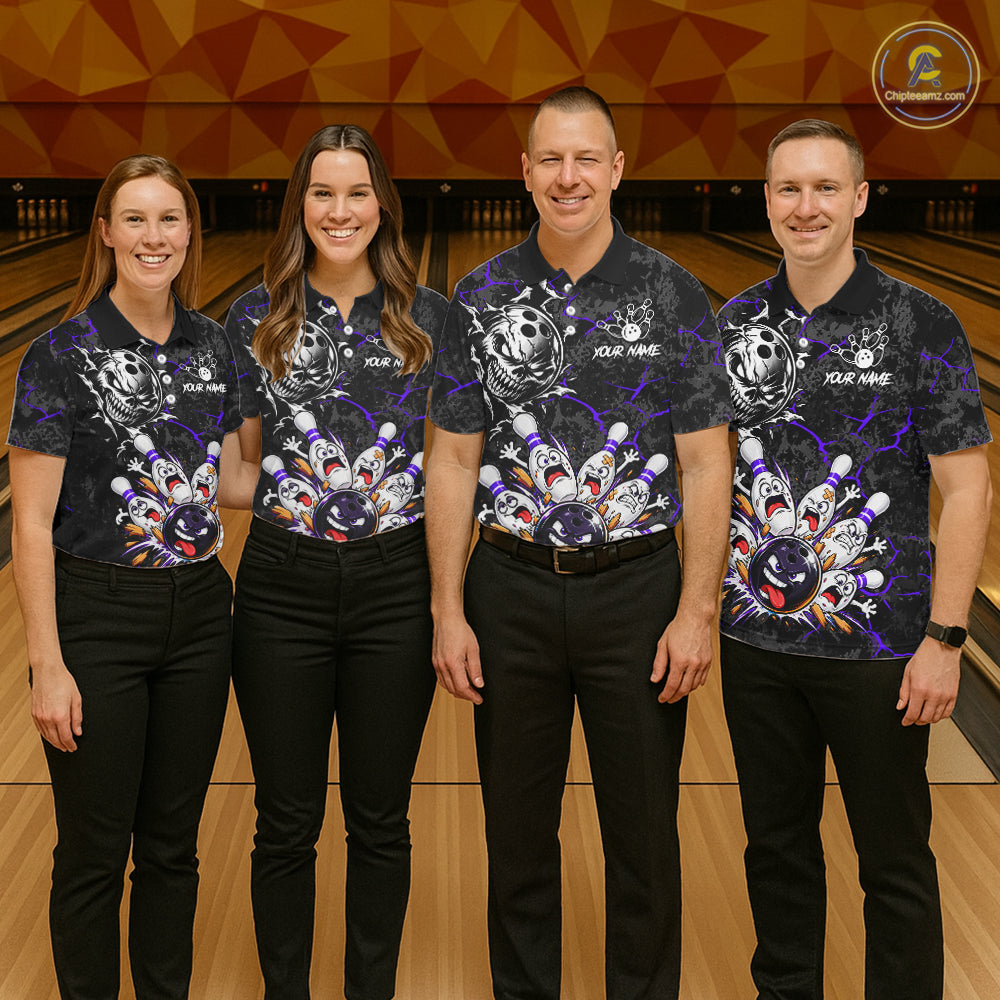 Angry Bowling Ball Skull Polo Shirt For Men Custom Purple Black Team Tournament Jersey NHT1773