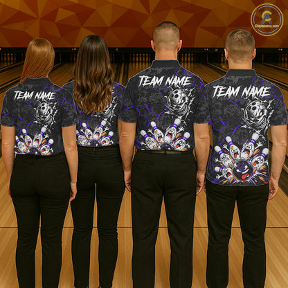 Angry Bowling Ball Skull Polo Shirt For Women Custom Purple Black Team Tournament Jersey NHT1773