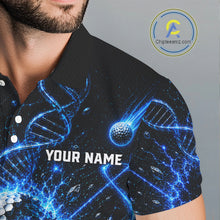 Load image into Gallery viewer, Black polo shirt with blue graphic design and 'Your Name' text, brand logo visible